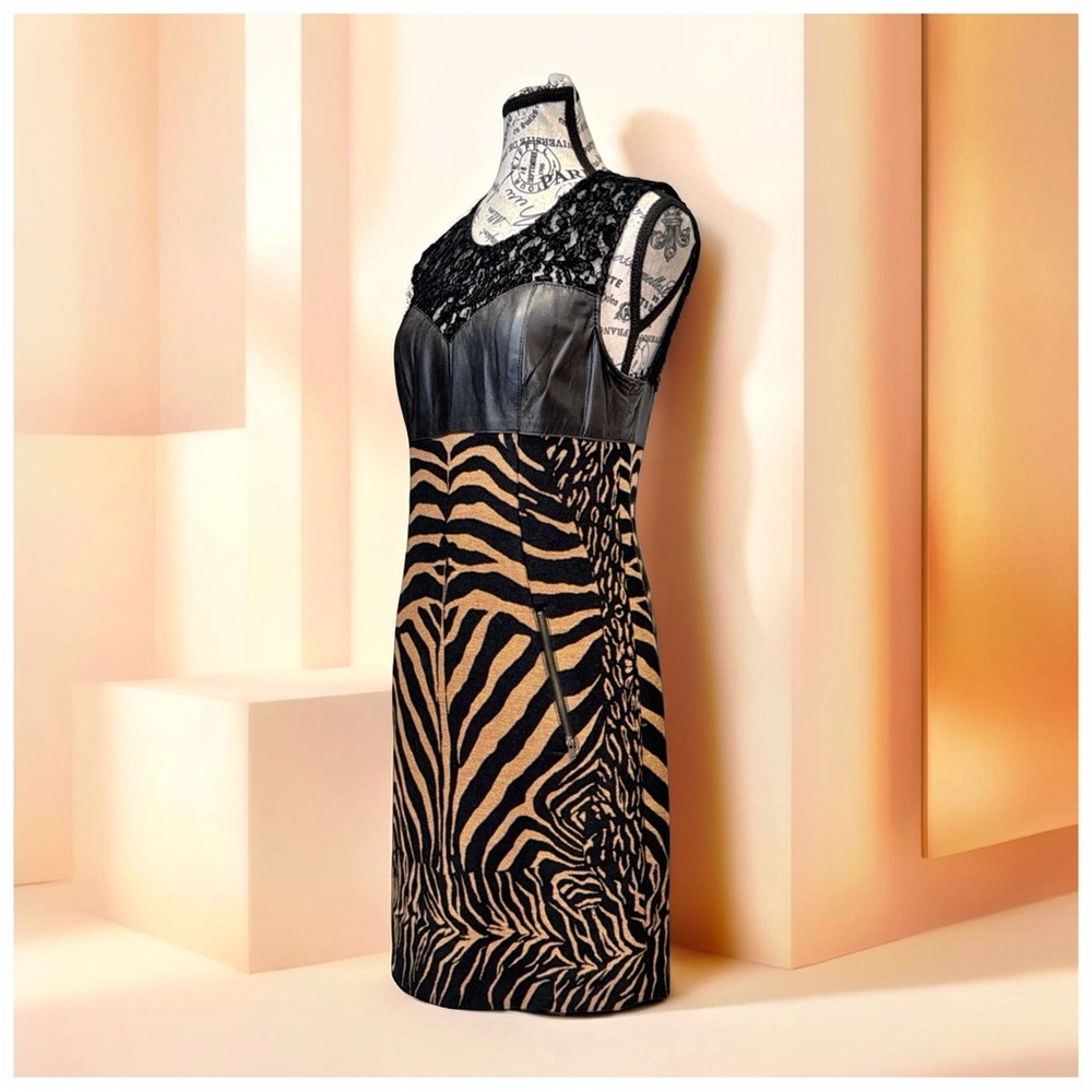 Tracy Reese Zebra Print Dress | Leather Lace Mixed Media | Statement Piece | 8 - Picture 5 of 16